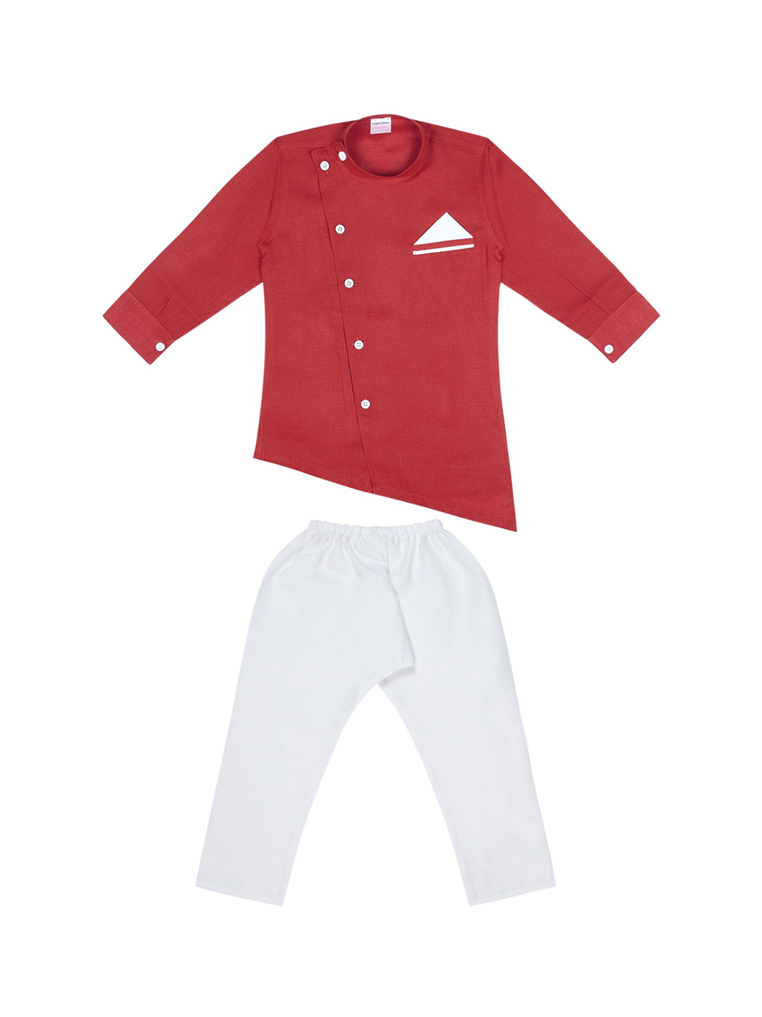 Superminis Boys Red Angrakha Pure Cotton Kurta with Pyjamas