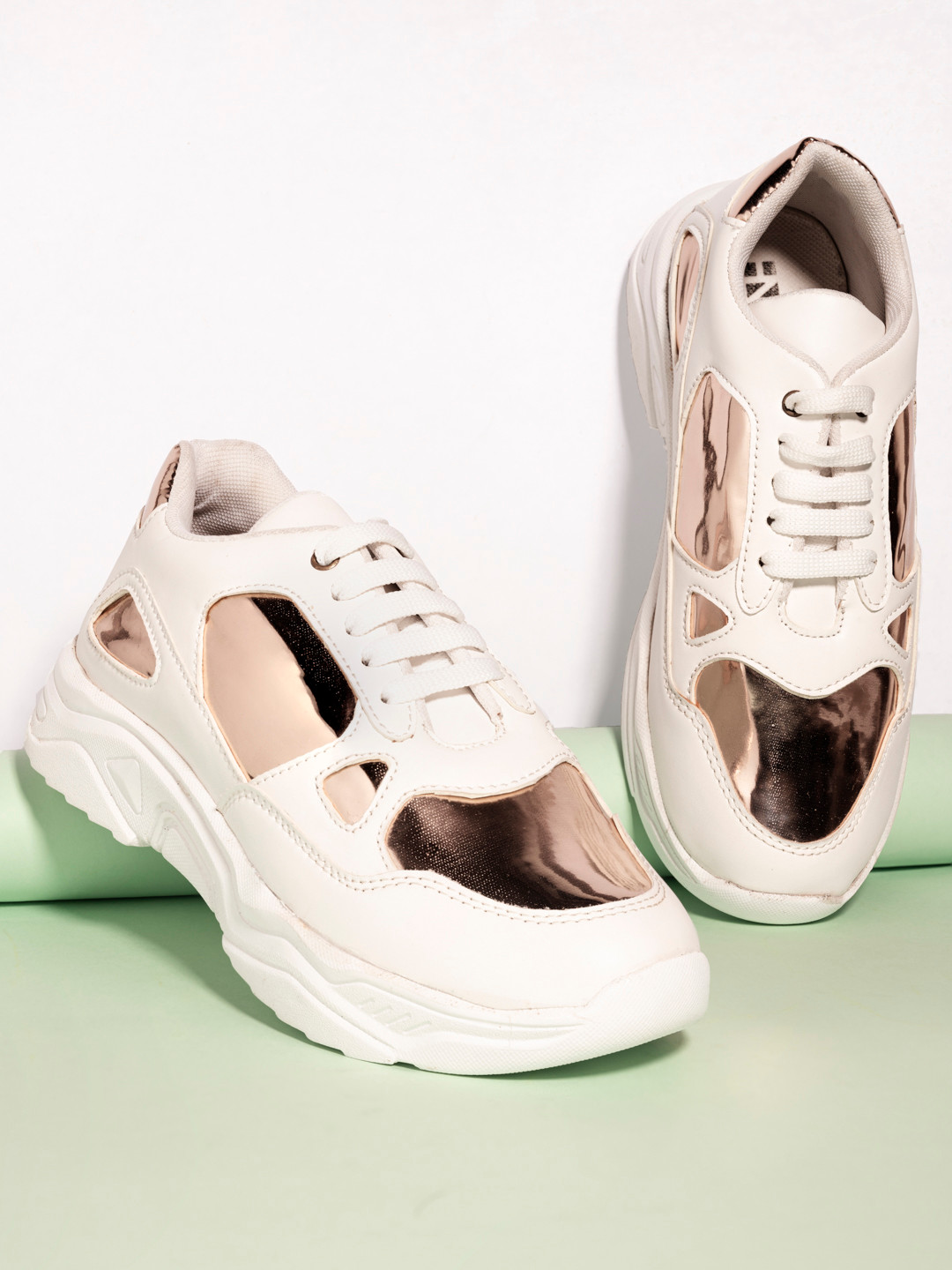 HERE&NOW Women White & Gold Colourblocked Sneakers