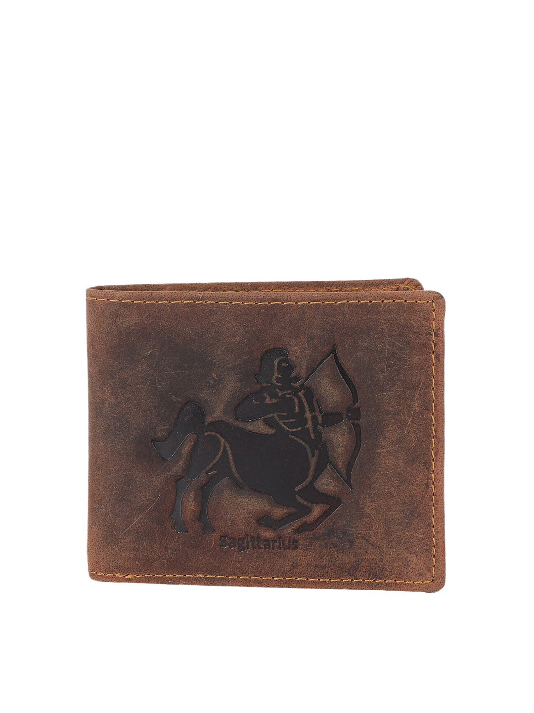 Alvaro Castagnino Men Brown Textured Leather Sagittarius Sign Two Fold Wallet