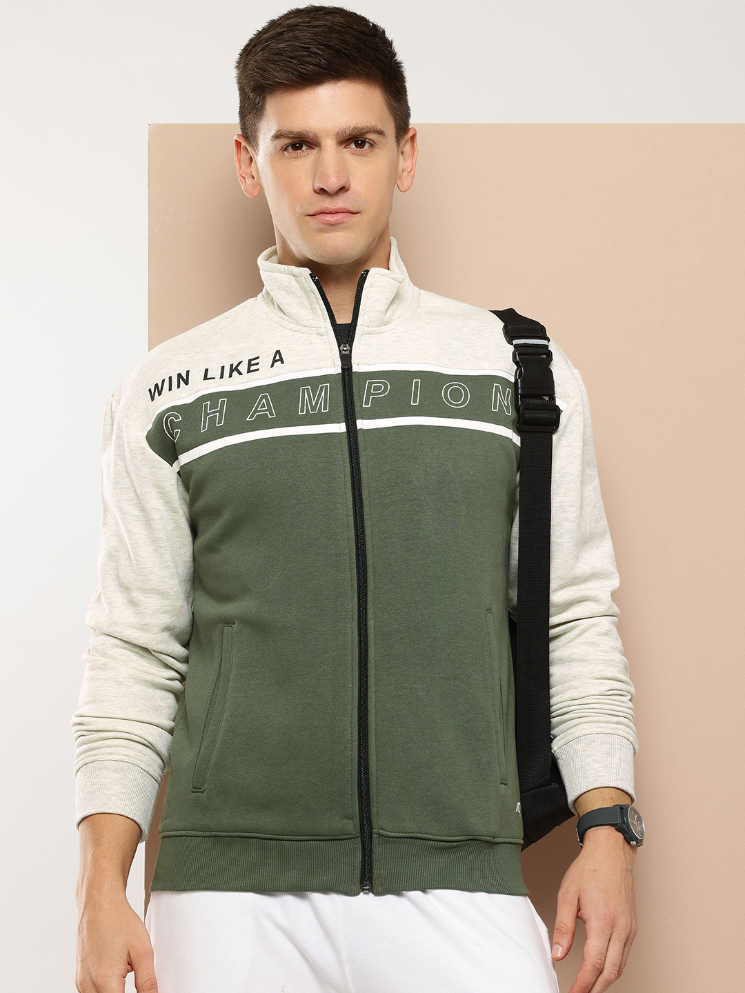 Alcis Men Olive Green & Grey Melange Cotton Colourblocked Sweatshirt