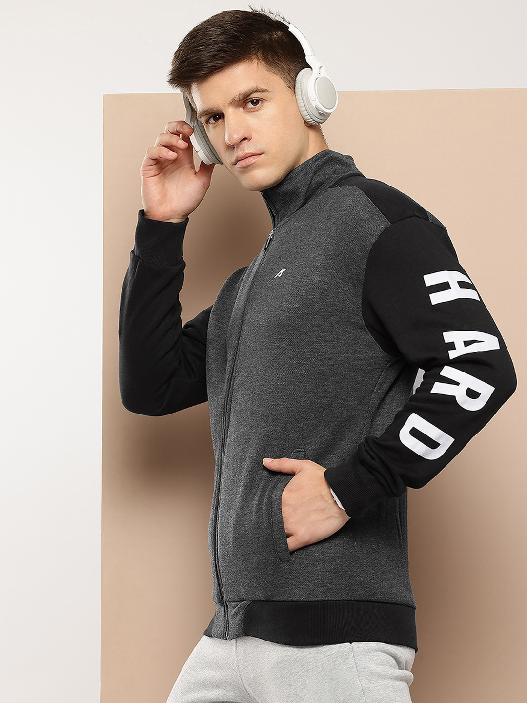 Alcis Men Charcoal Grey Melange & Black Solid Cotton Sporty Jacket with Printed Sleeves