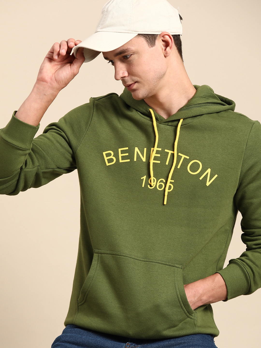 United Colors of Benetton Men Olive Green Printed Hooded Sweatshirt