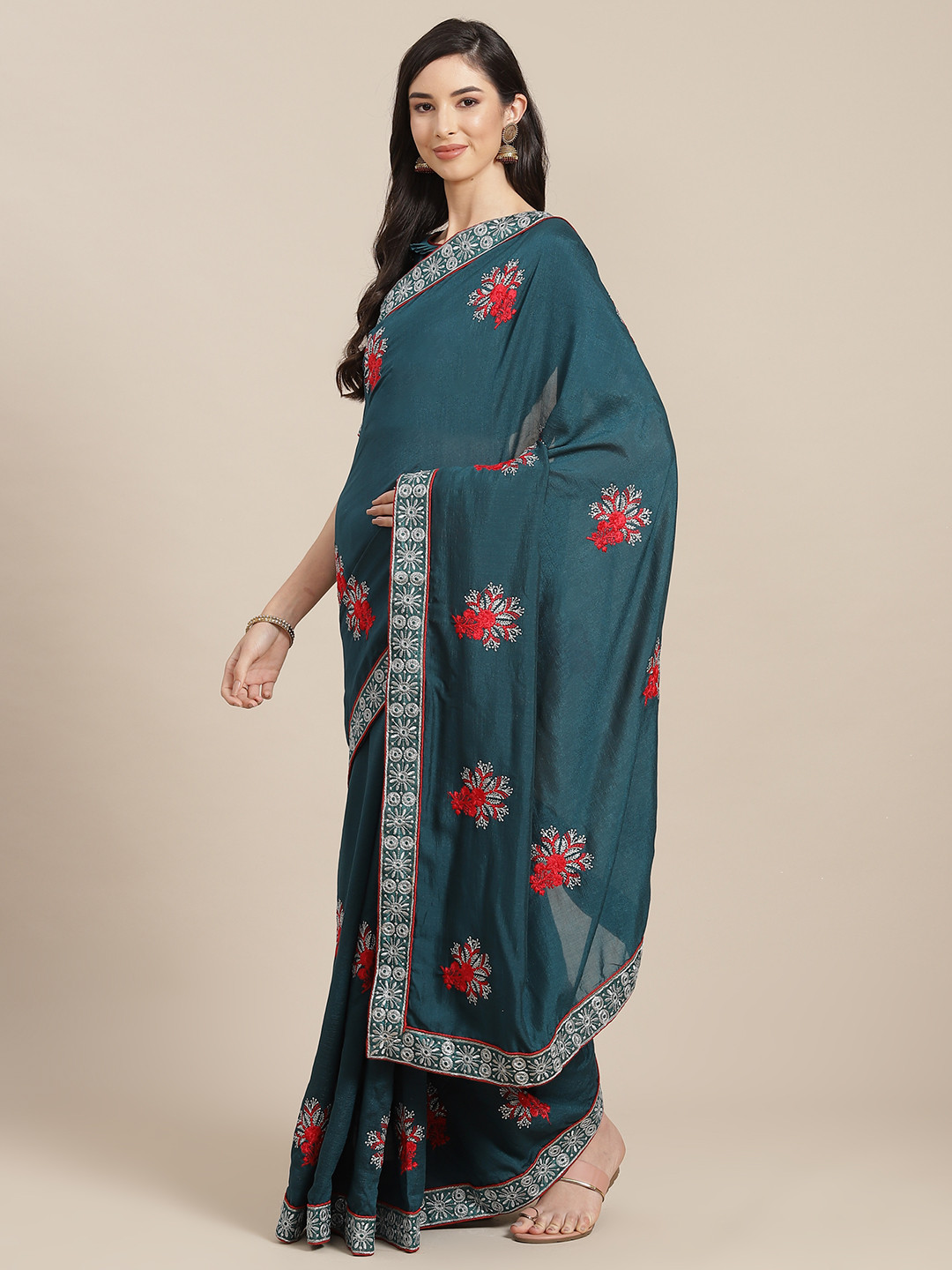Mitera Teal Blue & Red Floral Silk Blend Saree