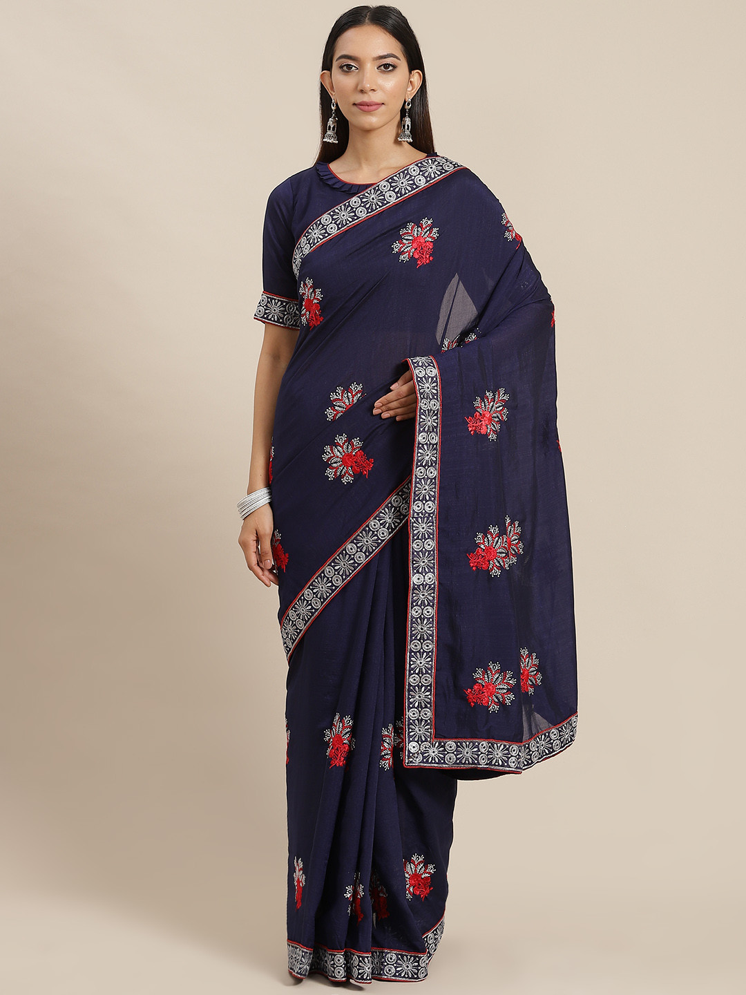 Mitera Navy Blue Floral Embroidered Silk Blend Saree