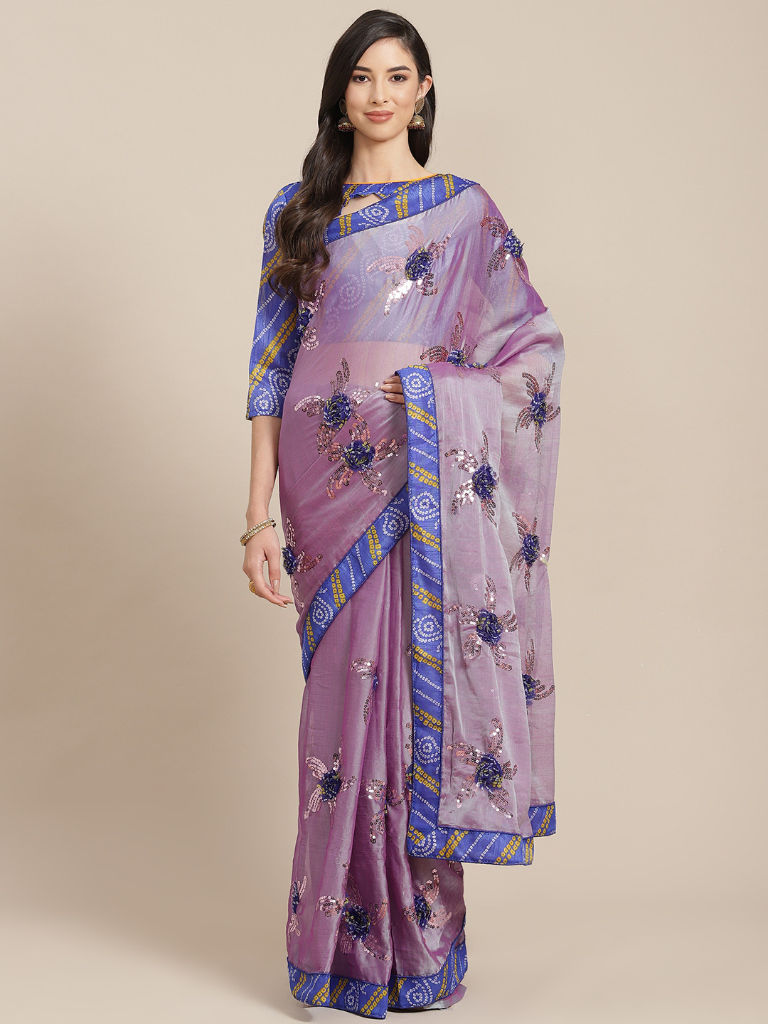 Mitera Lavender & Blue Floral Poly Chiffon Sequinned Saree