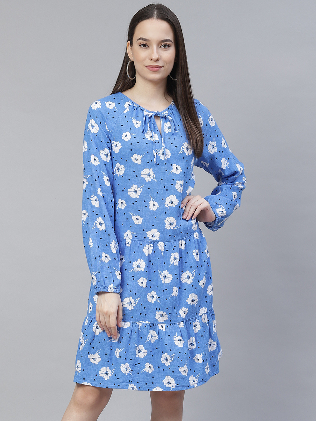 Marks & Spencer Blue & White Floral Tie-Up Neck Linen Sheath Dress