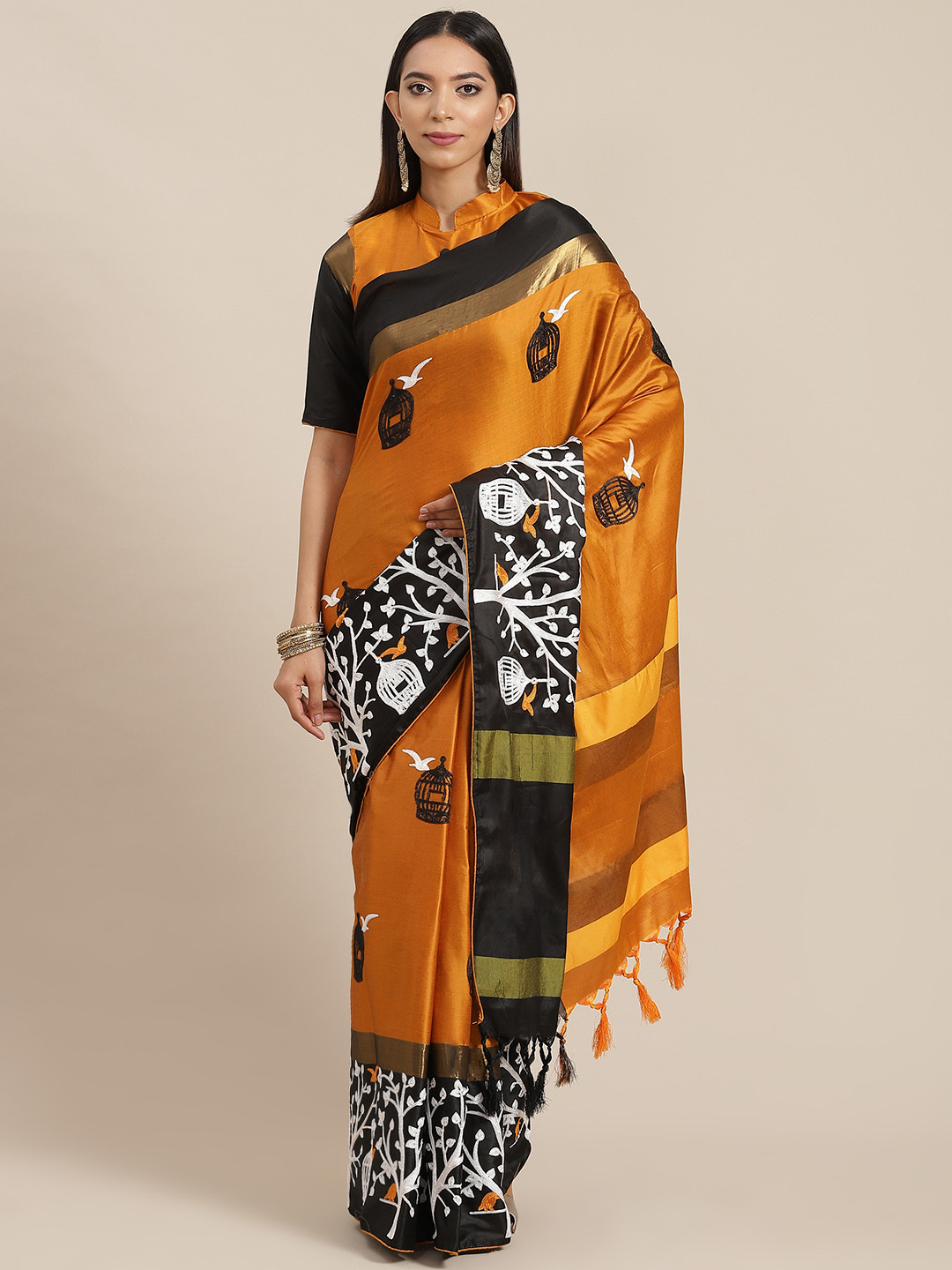 RAJGRANTH Yellow & Black Woven Design Embroidered Silk Cotton Ready to Wear Saree