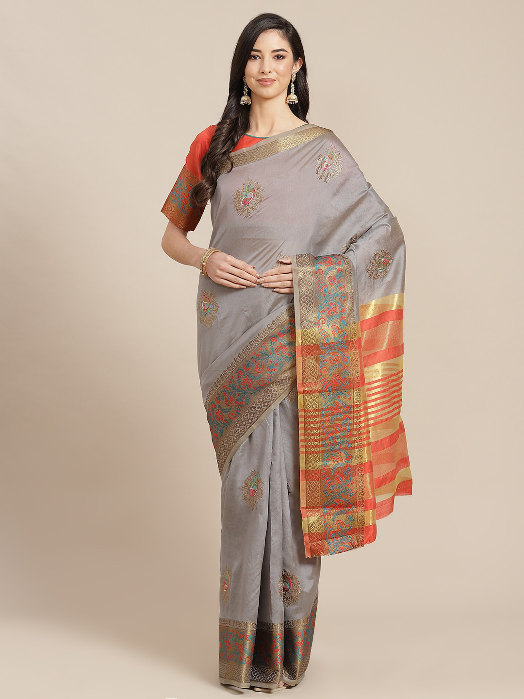 RAJGRANTH Grey & Orange Ethnic Motifs Silk Cotton Chanderi Saree