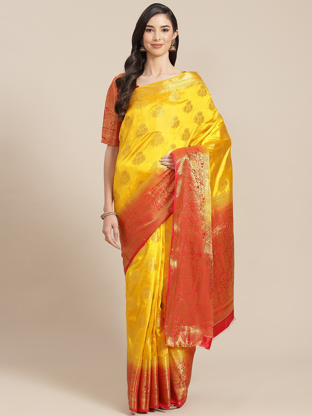 RAJGRANTH Yellow & Red Ethnic Motifs Zari Banarasi Saree