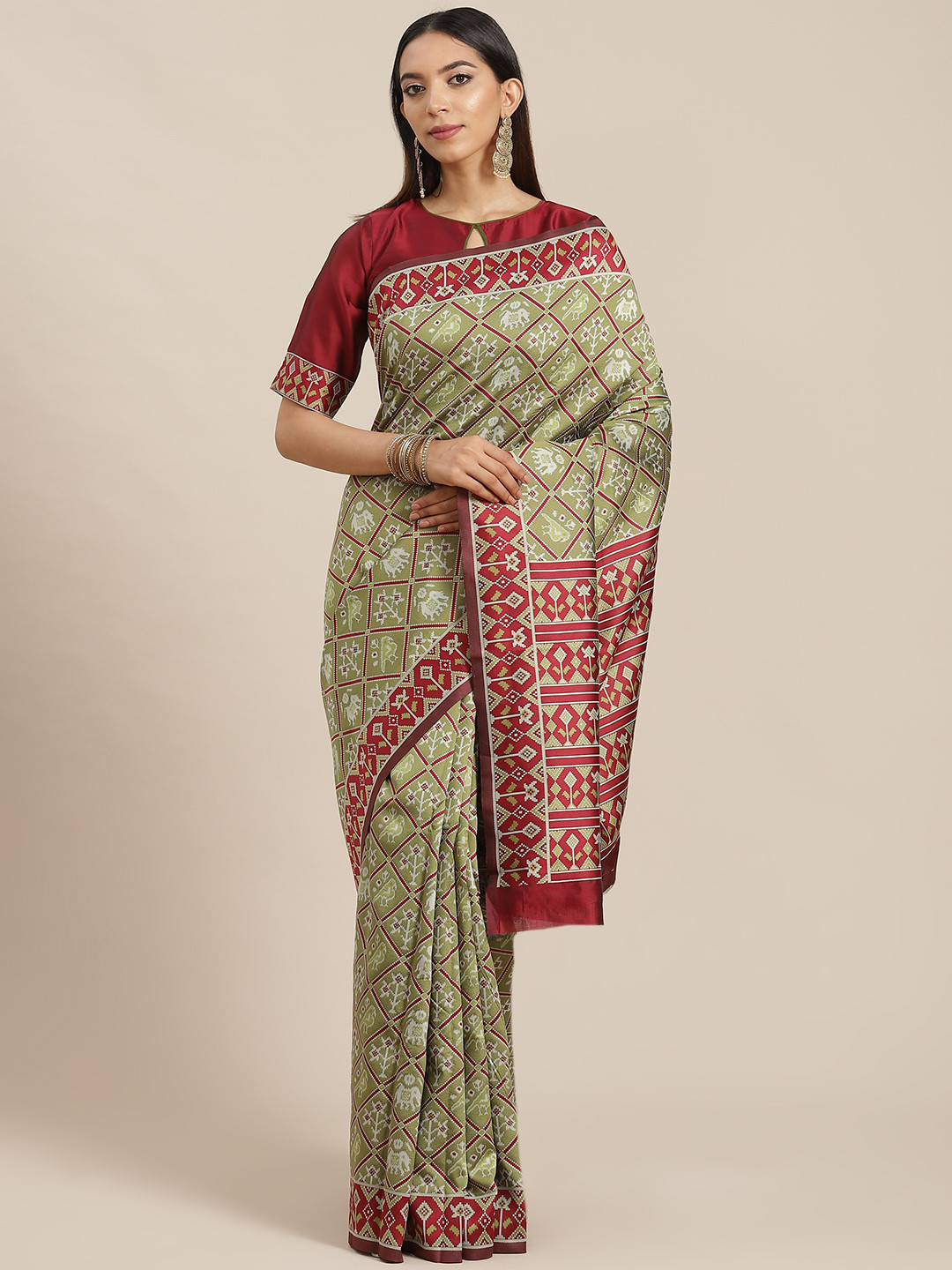 RAJGRANTH Green & Maroon Ethnic Motifs Ready to Wear Banarasi Saree