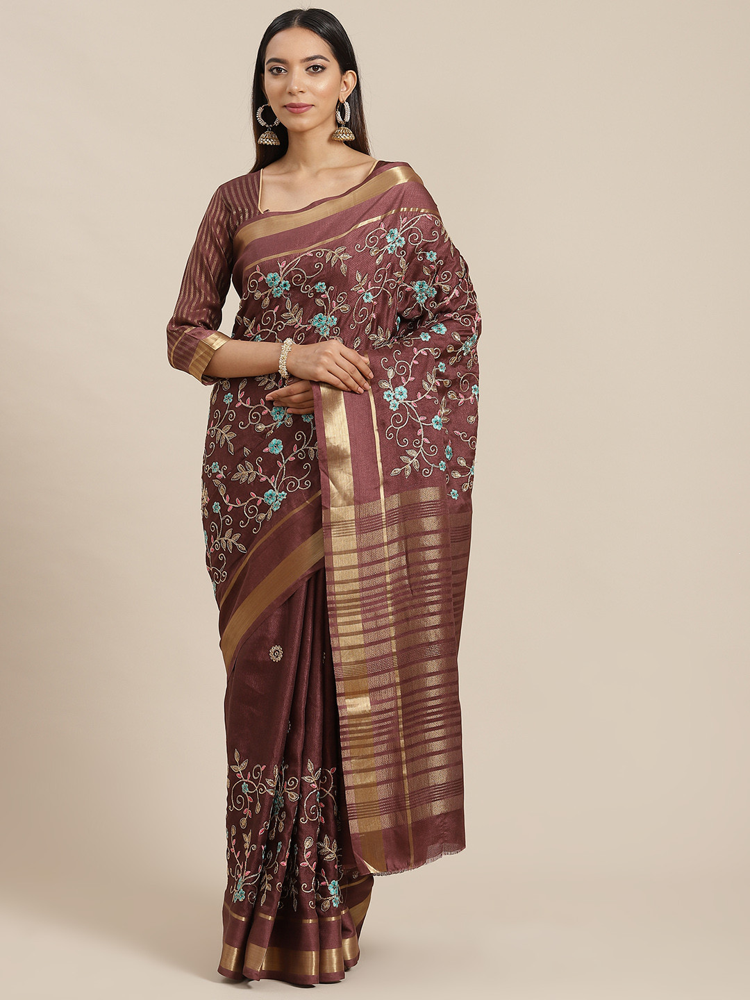 RAJGRANTH Brown Floral Embroidered Silk Cotton Ready to Wear Saree