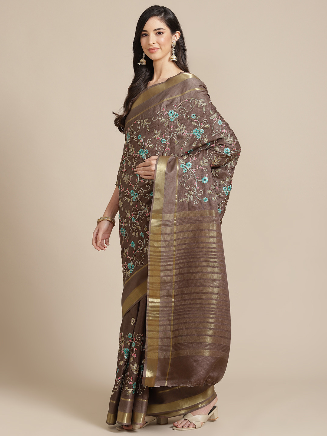 RAJGRANTH Brown Floral Embroidered Silk Cotton Saree