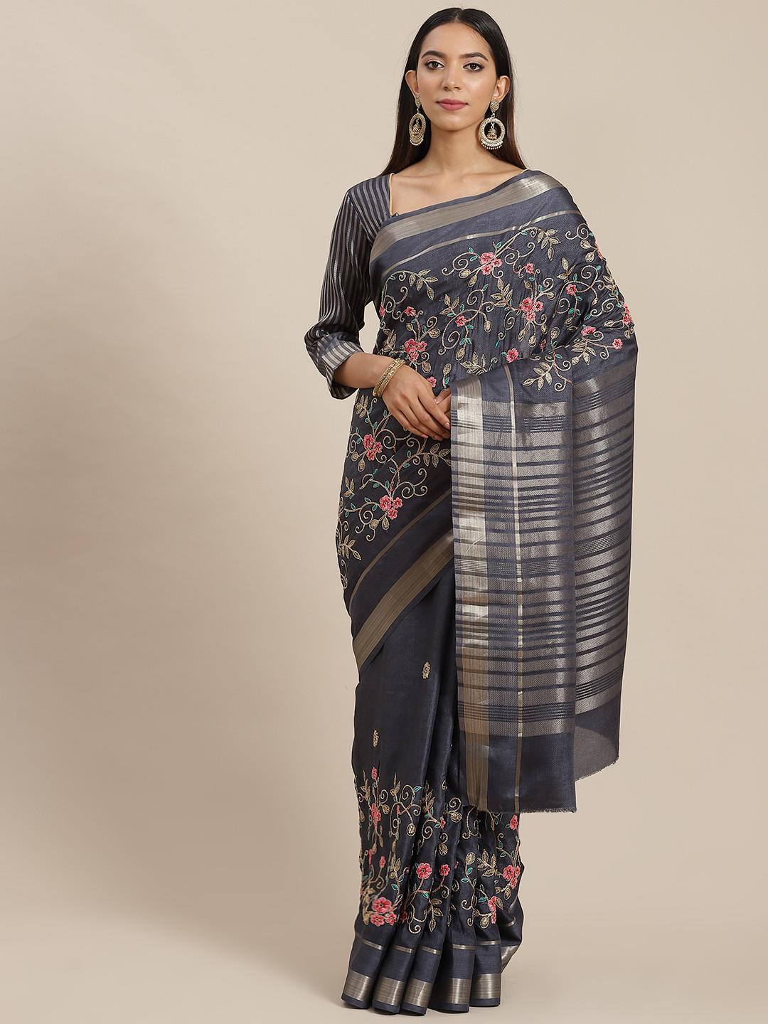 RAJGRANTH Navy Blue Floral Embroidered Silk Cotton Ready to Wear Saree