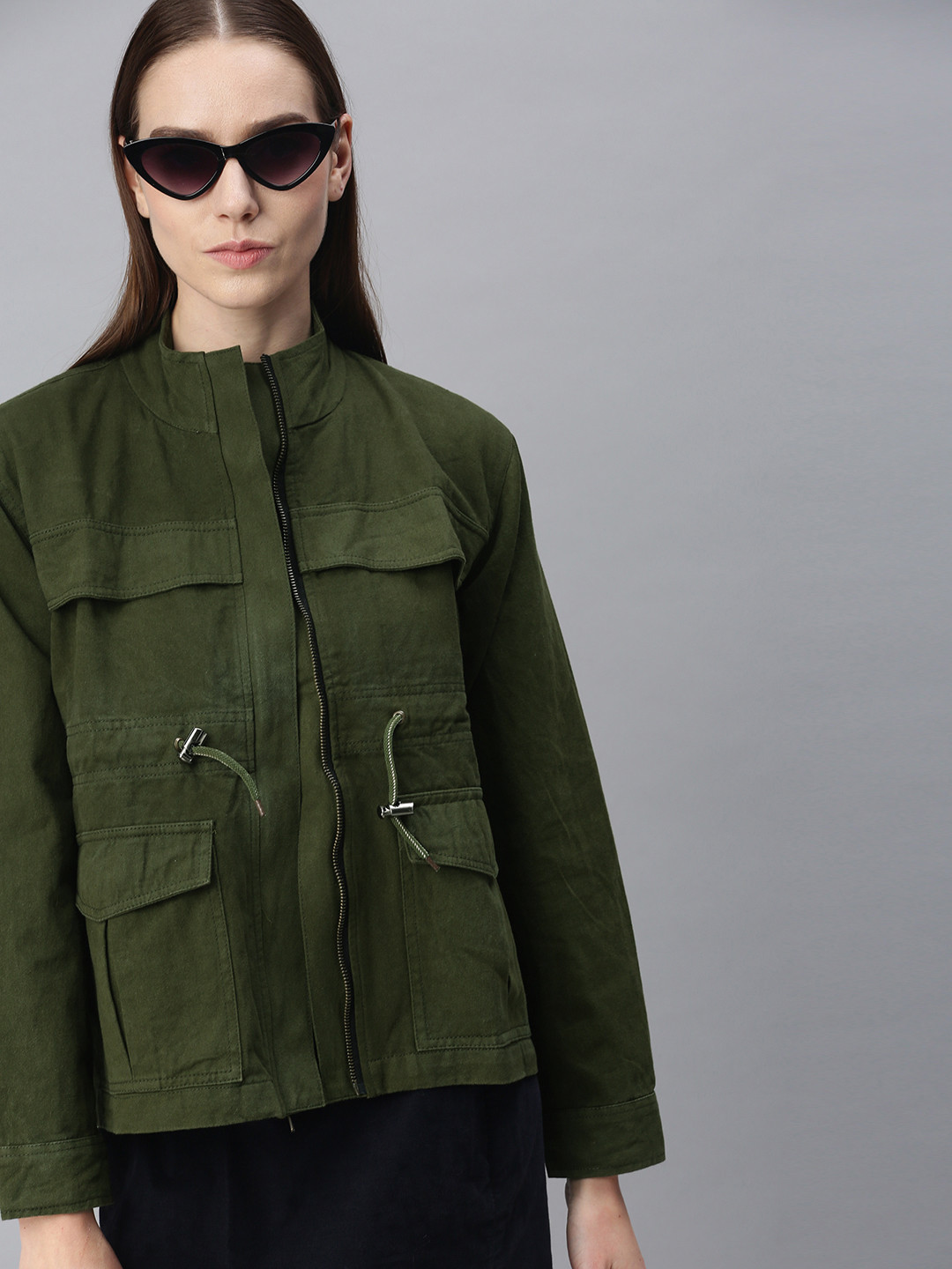 VOXATI Women Olive Green Denim Jacket