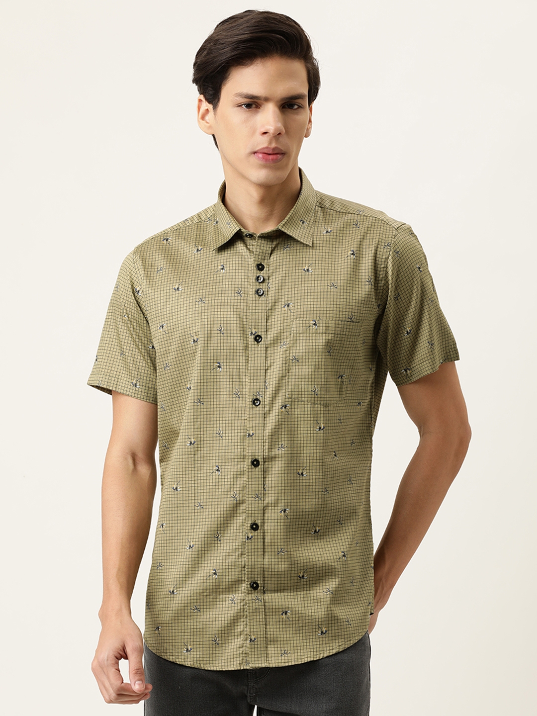 COUPER COLL Men Olive Green Checkered Cotton Casual Shirt with Floral Print