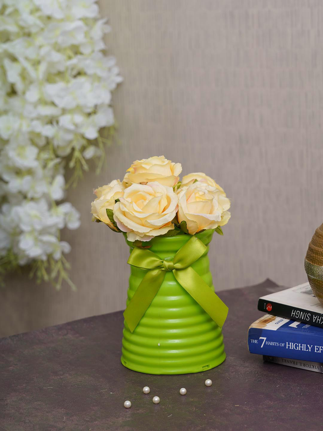 TIED RIBBONS Set Of 12 Cream Solid Silk Artificial Flowers With Vase