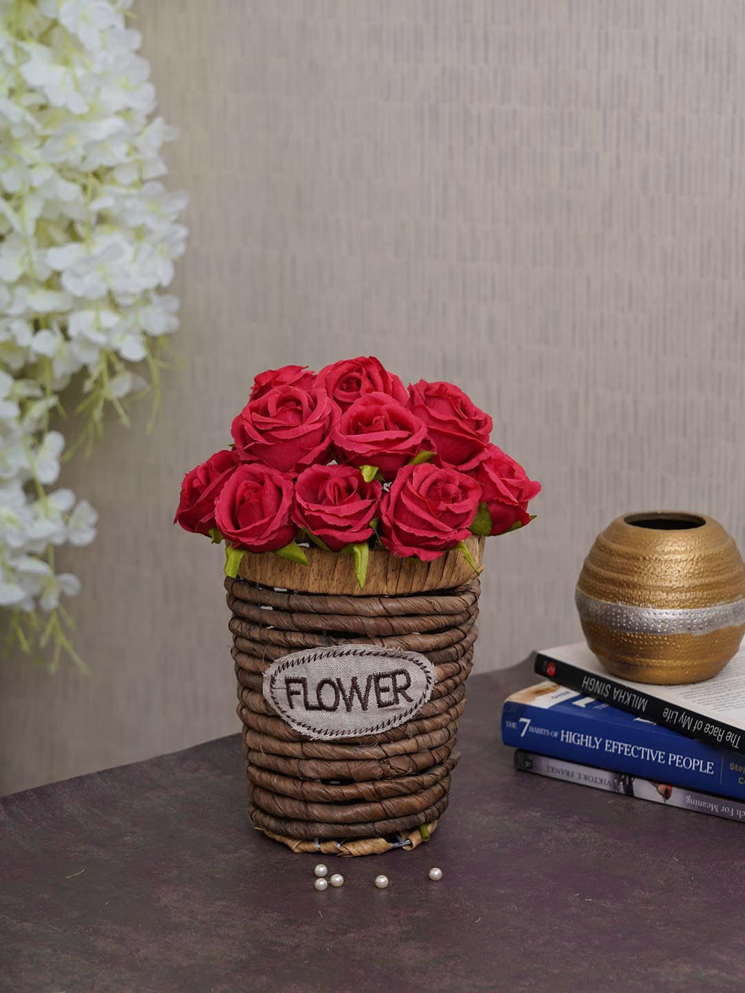 TIED RIBBONS Set Of 12 Red & Green Artificial Rose Flower Plants With Pot