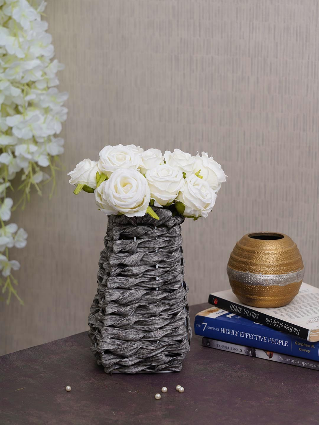 TIED RIBBONS Set Of 5 White & Green Artificial Rose Flower Plant With Vase