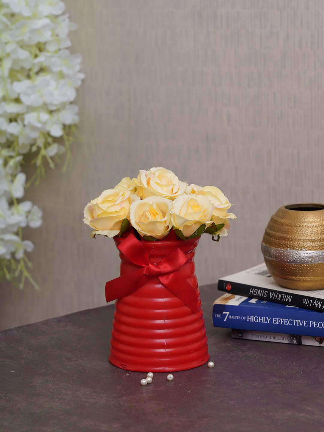 TIED RIBBONS Set Of 12 Yellow & Green Artificial Rose Flowers With Vase Pot