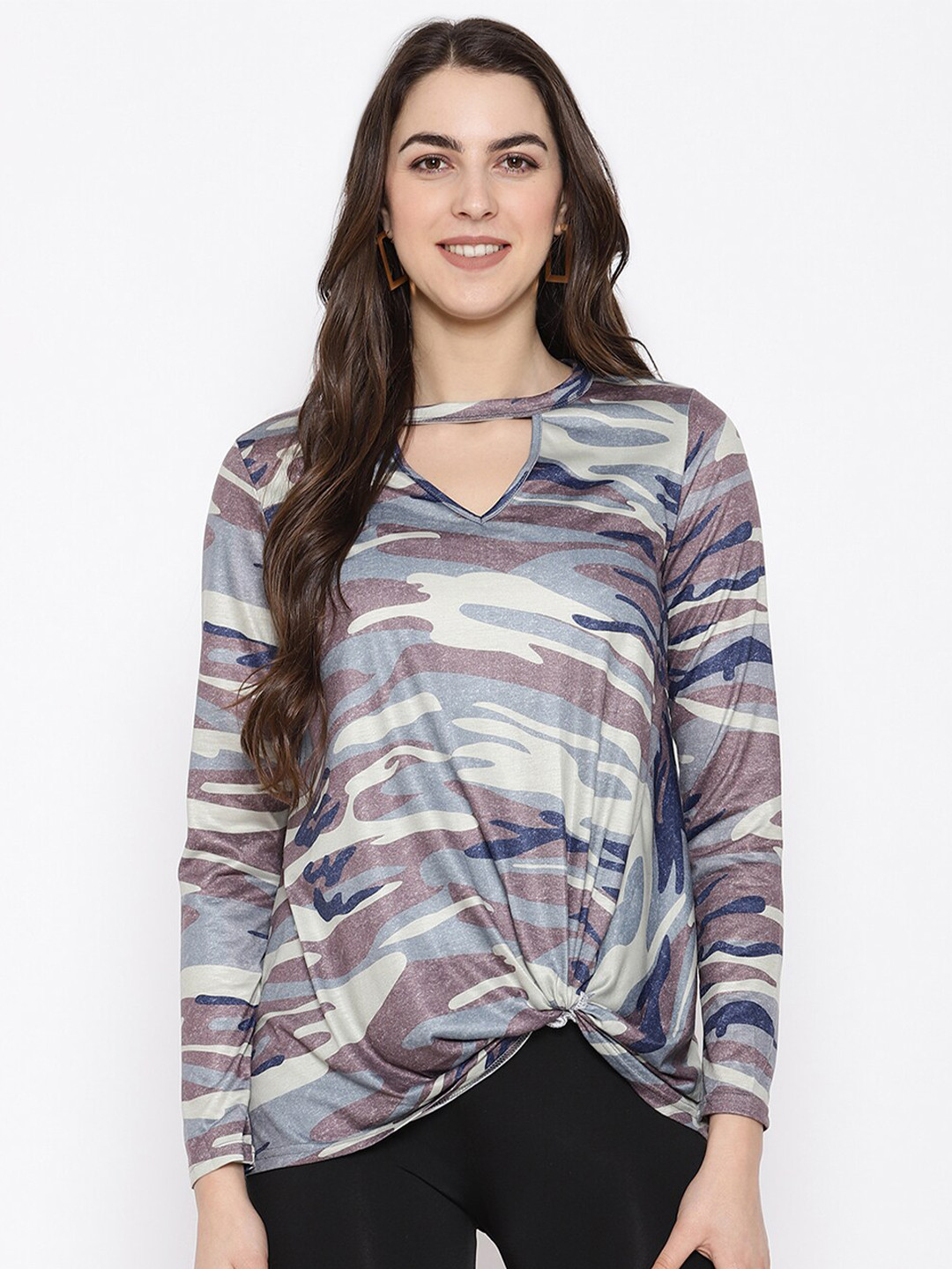iki chic Brown & Off White Keyhole Neck Regular Top