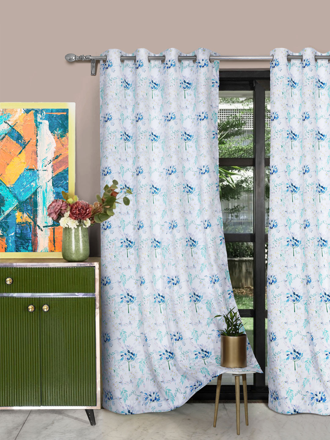 ROSARA HOME Set of 2 Off White & Blue Floral Printed Long Door Curtain