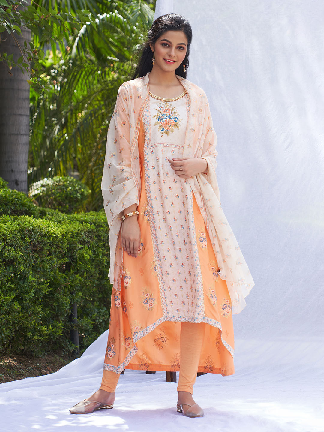 Aurelia Women Peach Floral Print Viscose Kurta Set with Tight & Dupatta