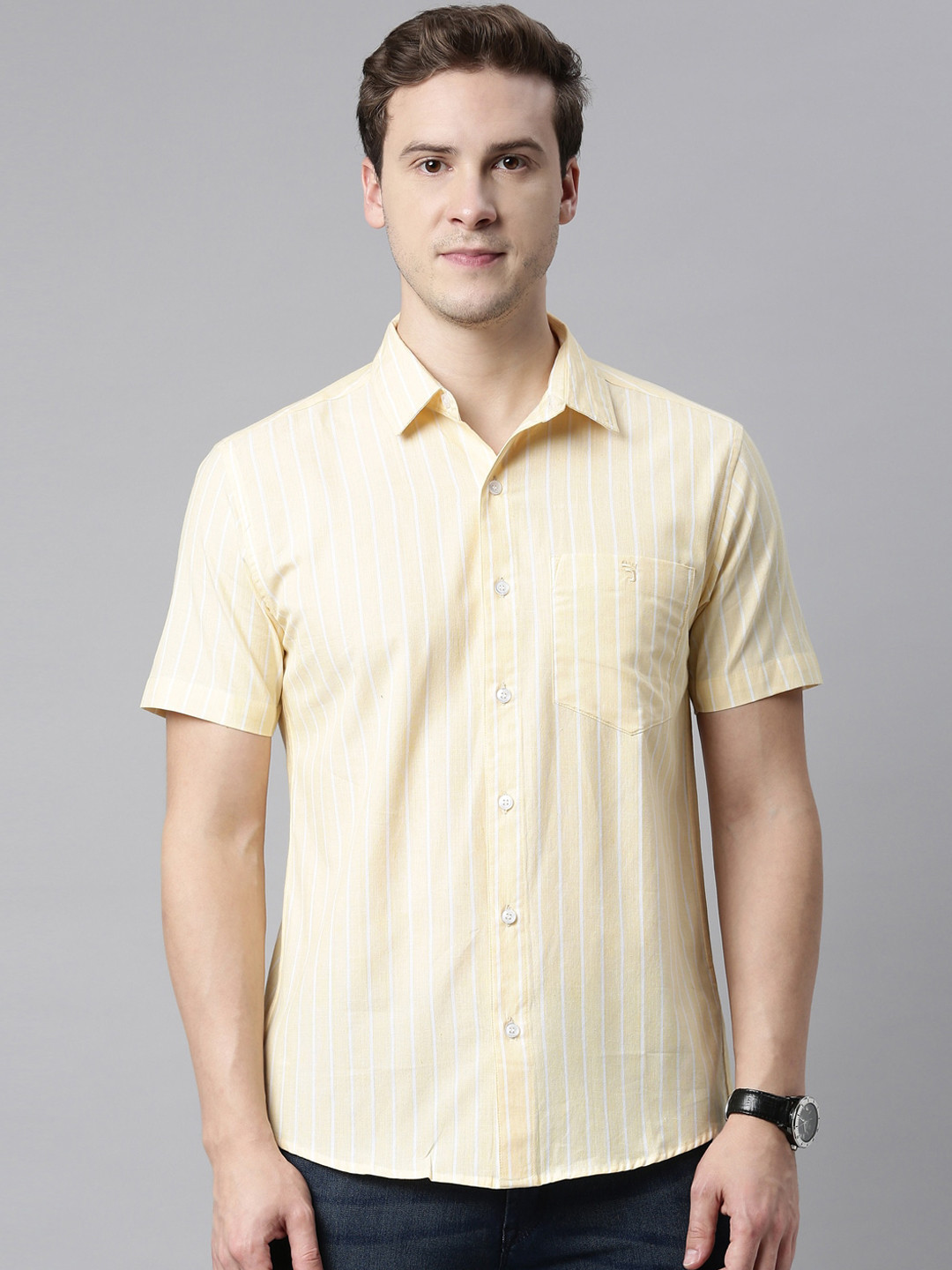 Joven Men Yellow Slim Fit Opaque Striped Casual Shirt