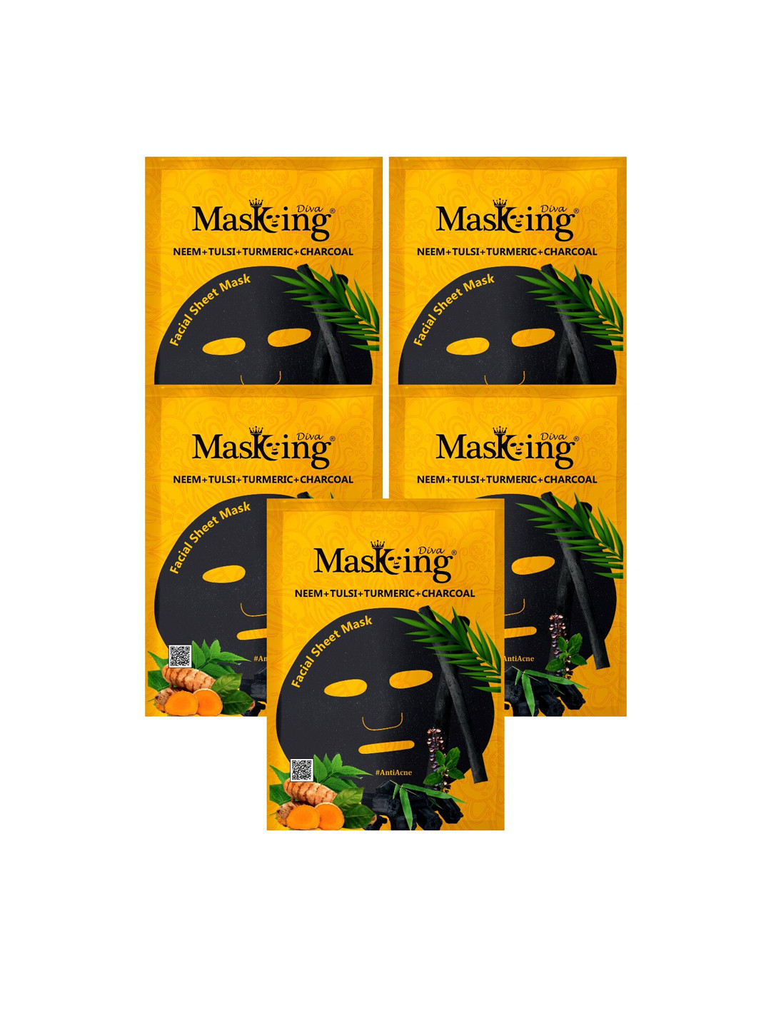 MasKing Set of 5 Diva Neem, Tulsi, Turmeric & Charcoal Facial Sheet Mask 125ml