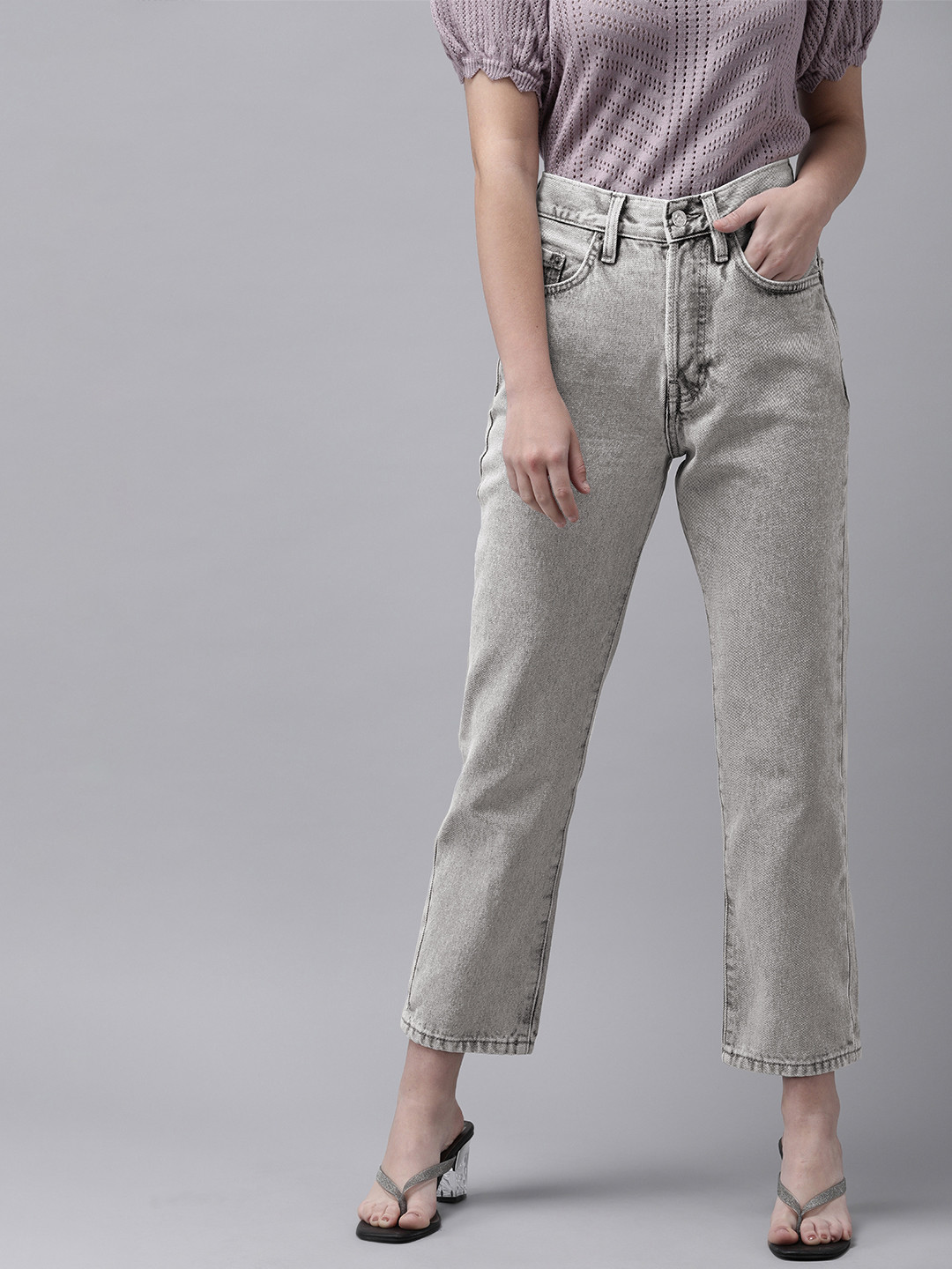 MANGO Women Grey Straight Fit High-Rise Light Fade Cropped Jeans