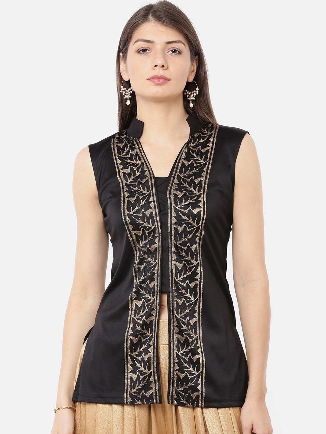 Ira Soleil Women Black Gold-Toned Geometric Crop Tailored Jacket