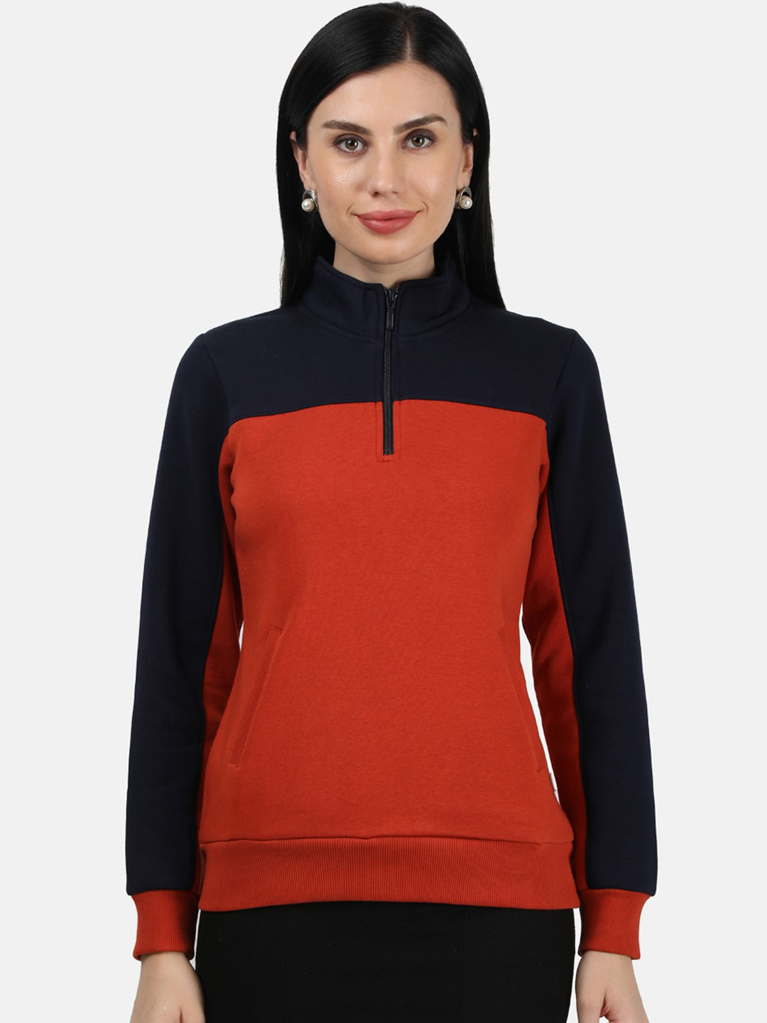 Monte Carlo Women Navy Blue & Orange Colourblocked Sweatshirt