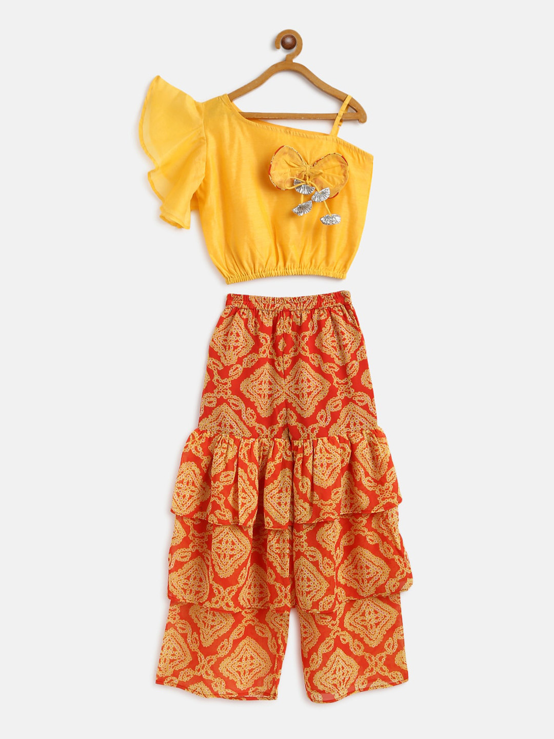 Lil Tomatoes Girls Mustard & Red Printed Regular Pure Silk Top with Palazzos