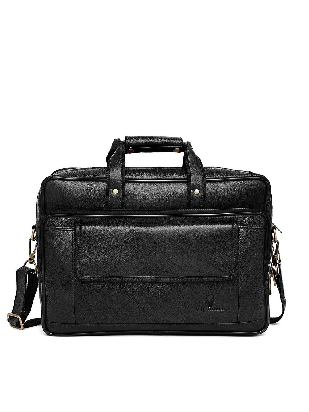 WildHorn Men Black Leather Laptop Bag With Detachable Strap