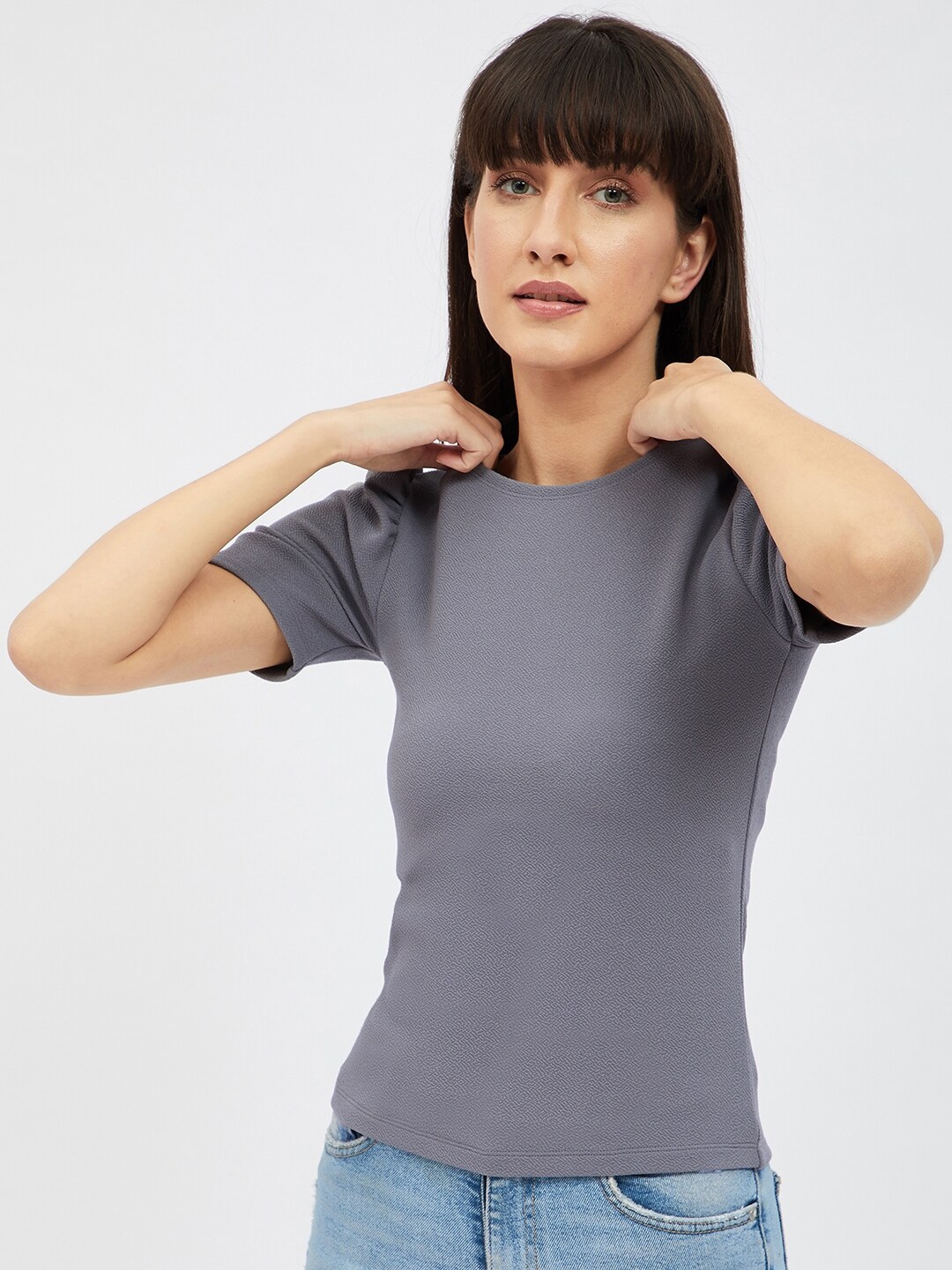 Harpa Grey Solid Fitted Top