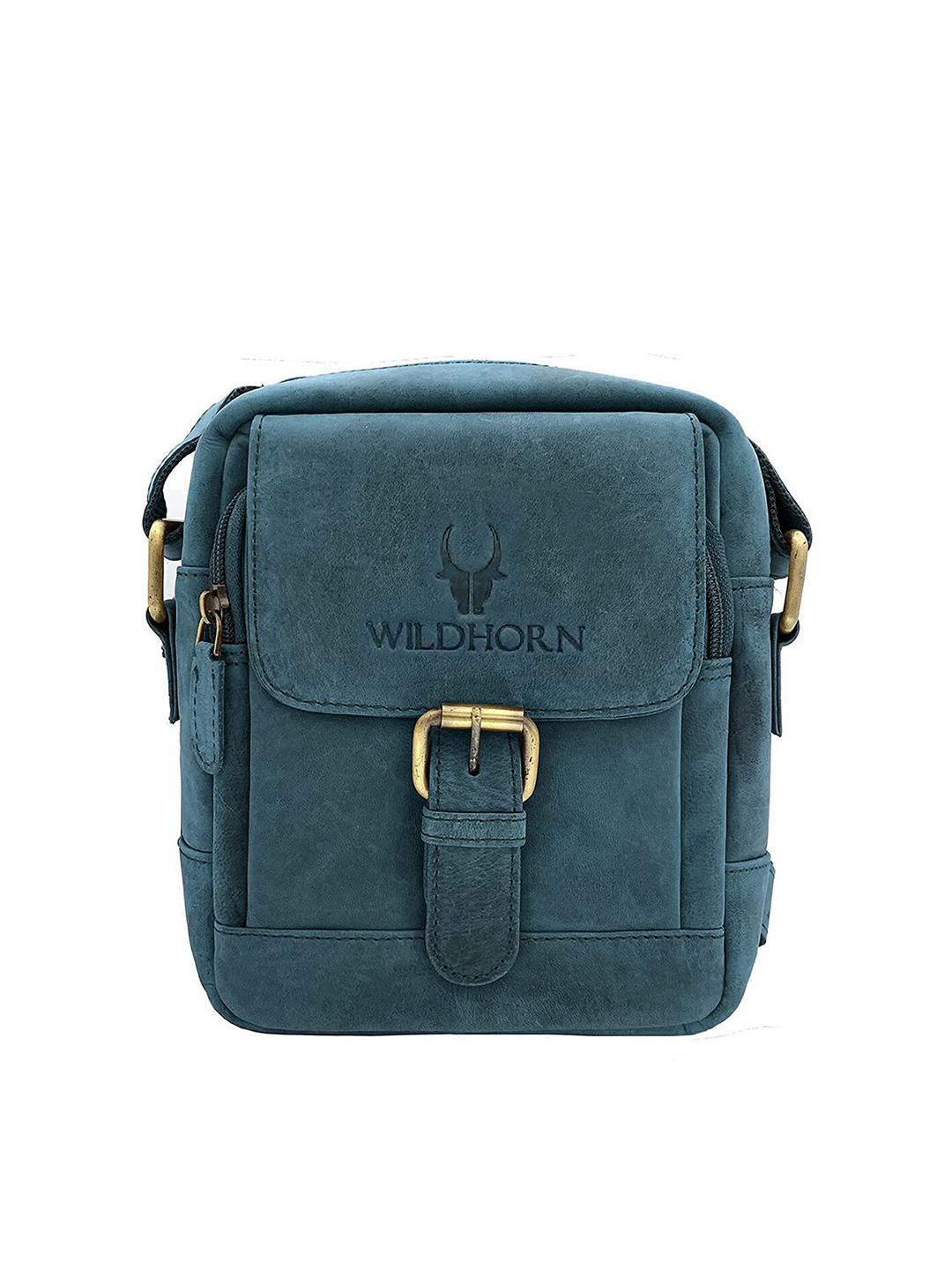 WildHorn Men Blue & Gold-Toned Textured Leather Messenger Bag