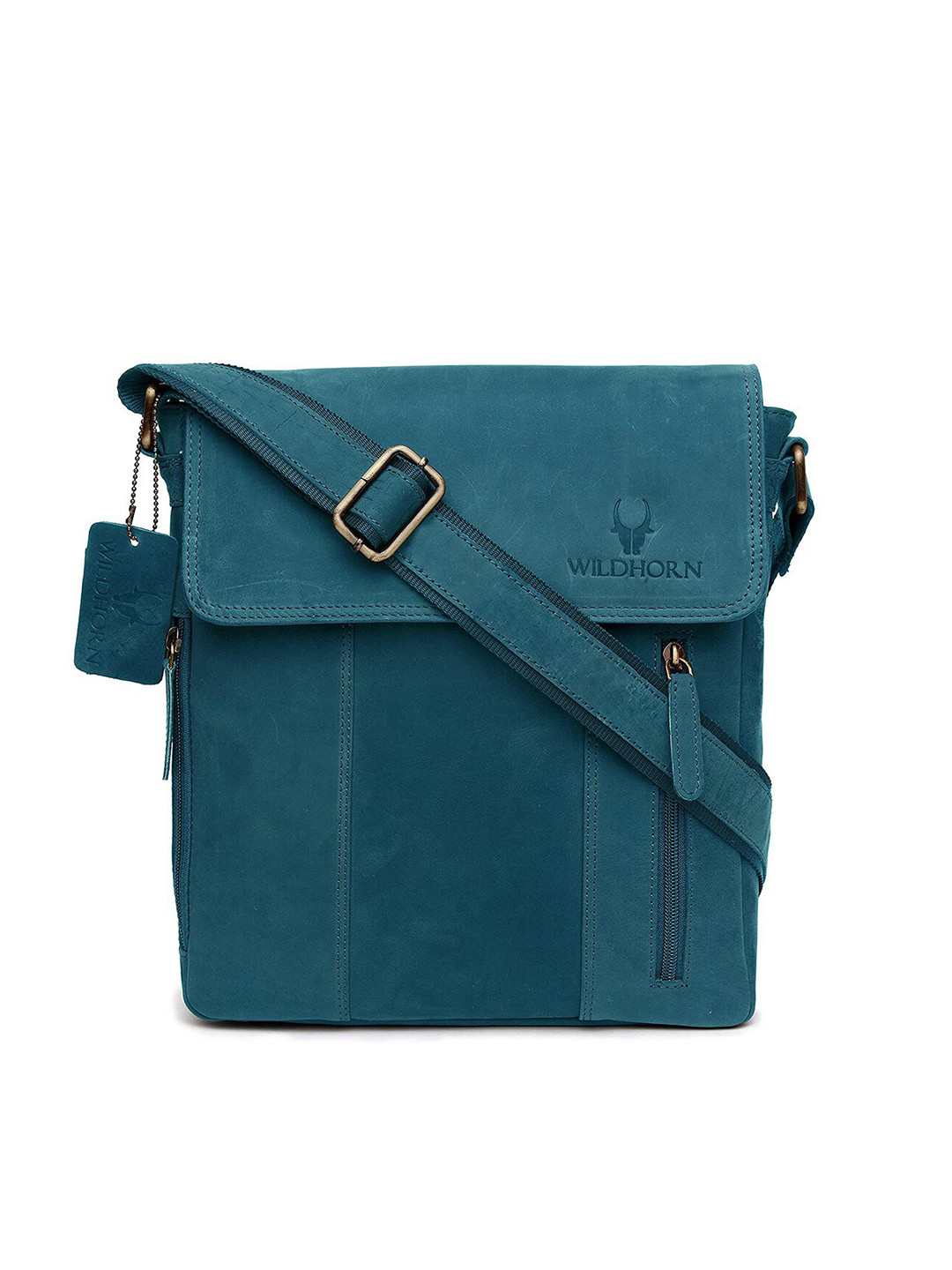 WildHorn Men Teal Solid Leather Sling Messenger bag