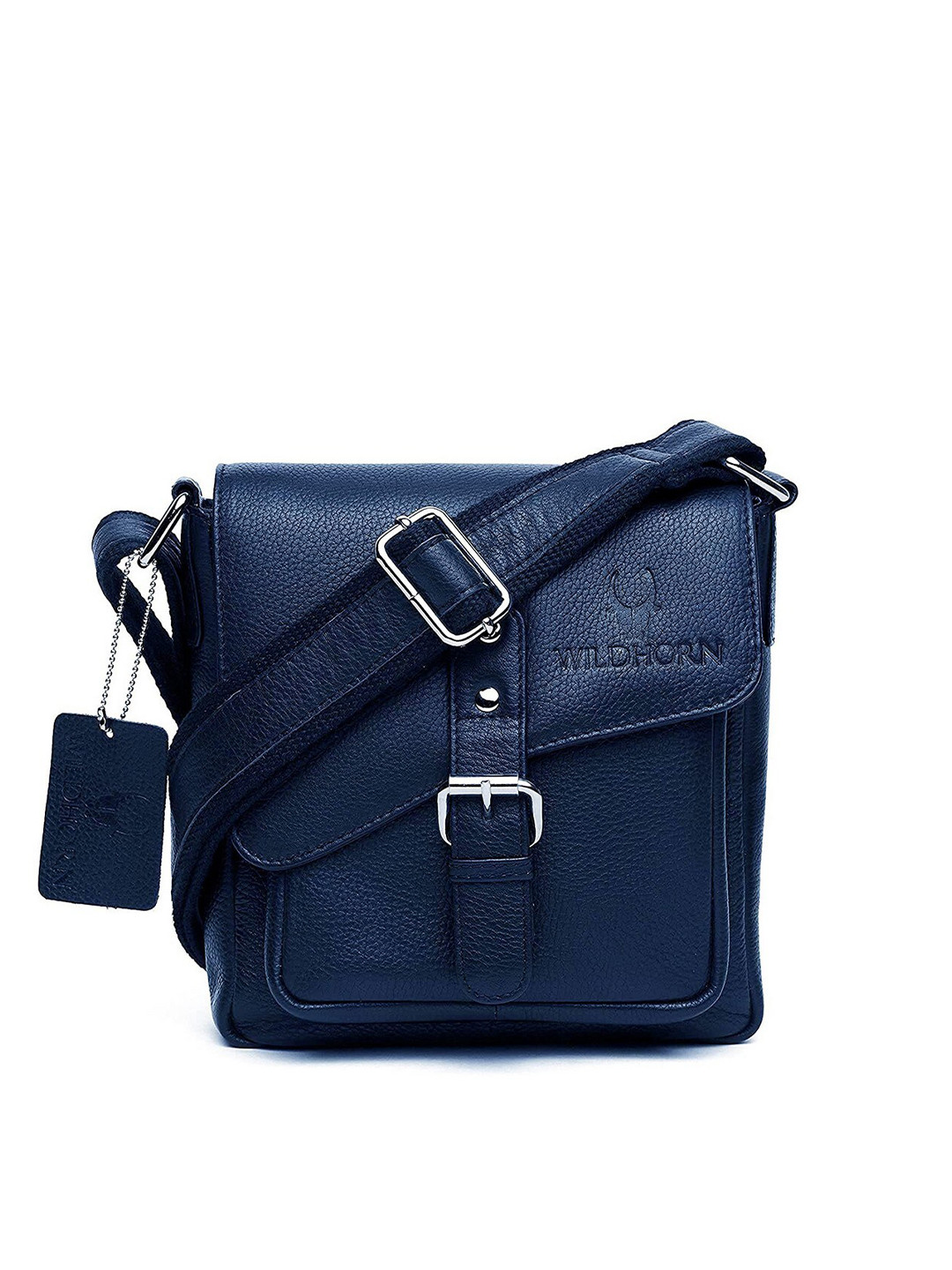 WildHorn Men Blue Textured Leather Sling Messenger Bag
