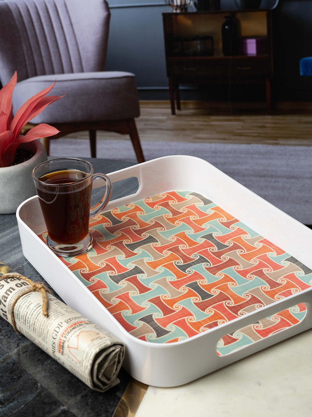 GOODHOMES White & Orange Printed Rectangular Serving Tray