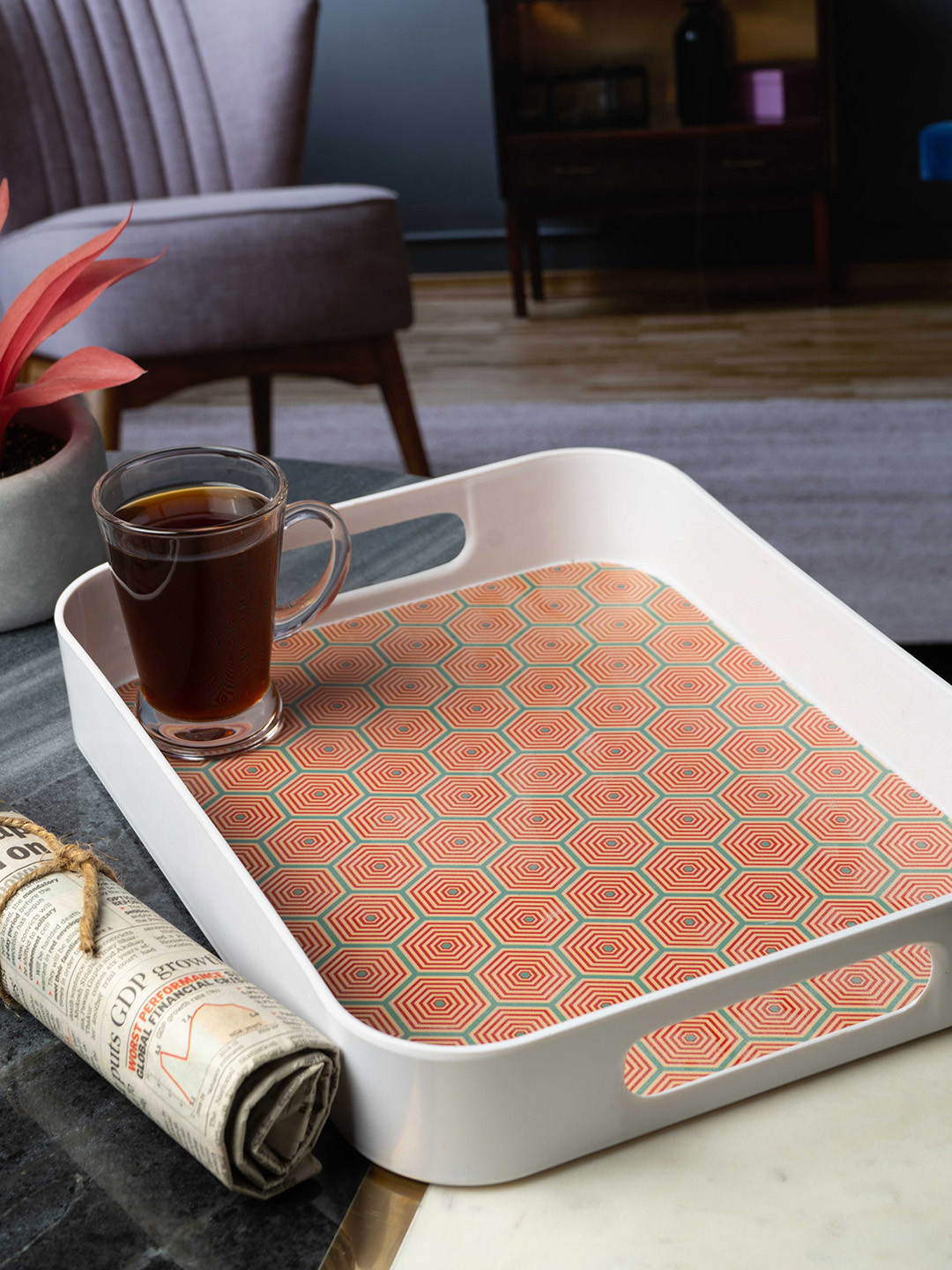 GOODHOMES Orange & White Printed Melamine Square Serving Tray