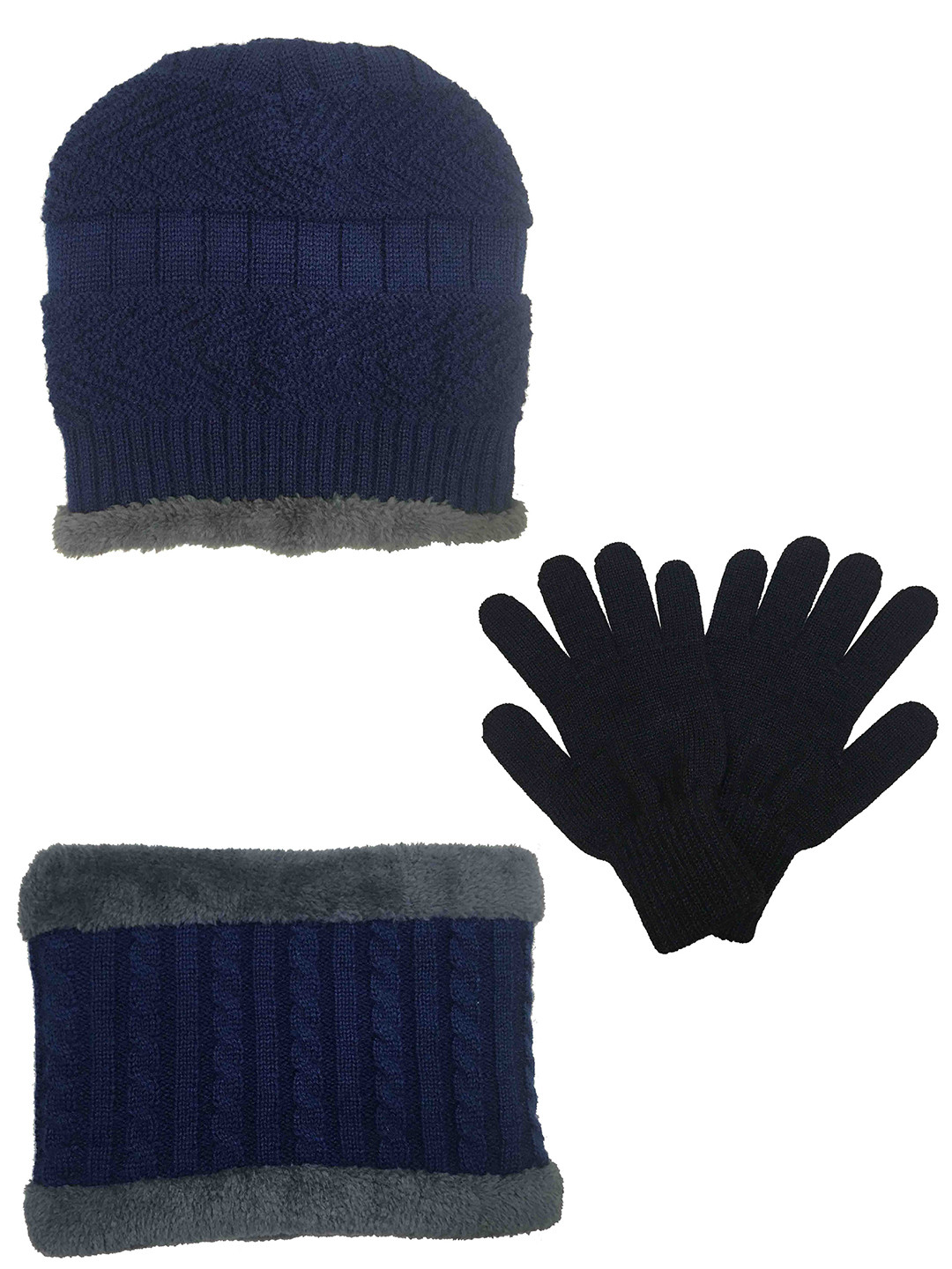 Gajraj Unisex Navy Blue Beanie Cap, Neck Scarf & Gloves Set