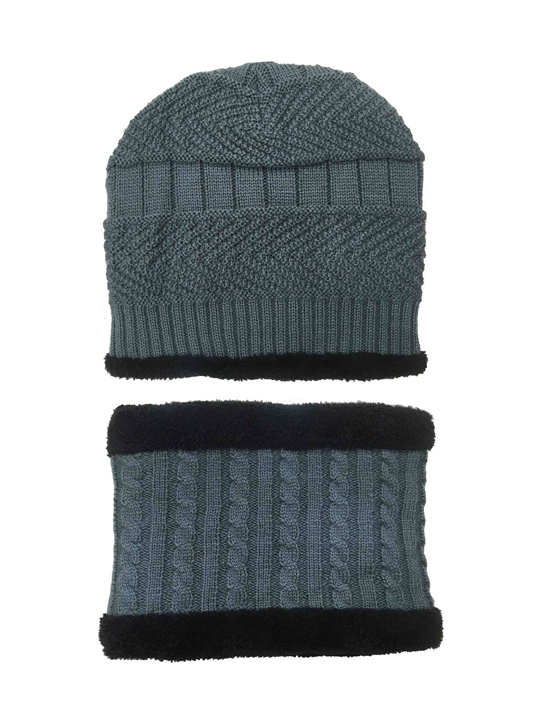 Gajraj Unisex Grey & Black Knitted Fur Lined Beanie & Neck Scarf Set