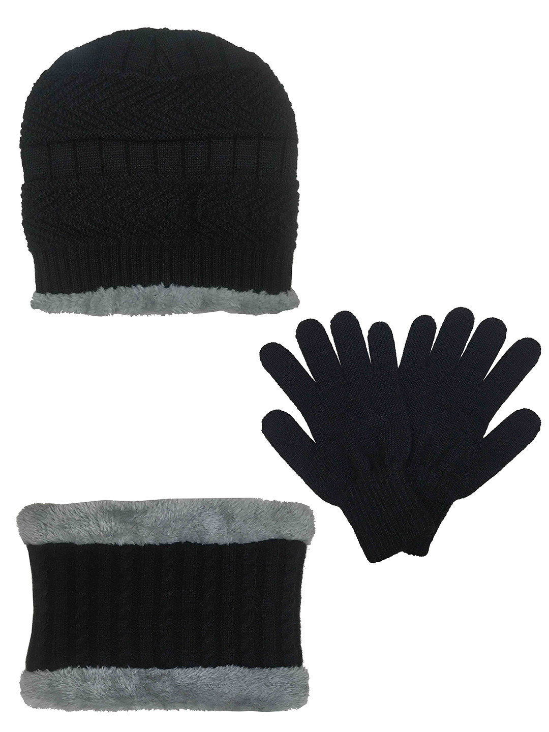 Gajraj Unisex Knit Black & Grey Beanie With Neck Warmer Scarf & Hand Gloves Set