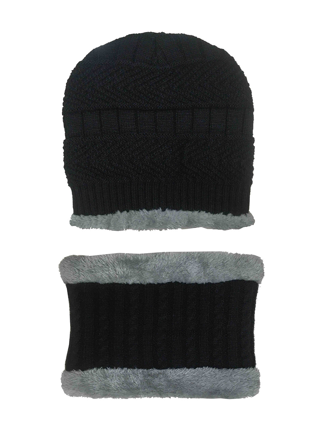 Gajraj Unisex Set Of 2 Black Self Design Knitted Fur Lined Beanie & Neck Scarf