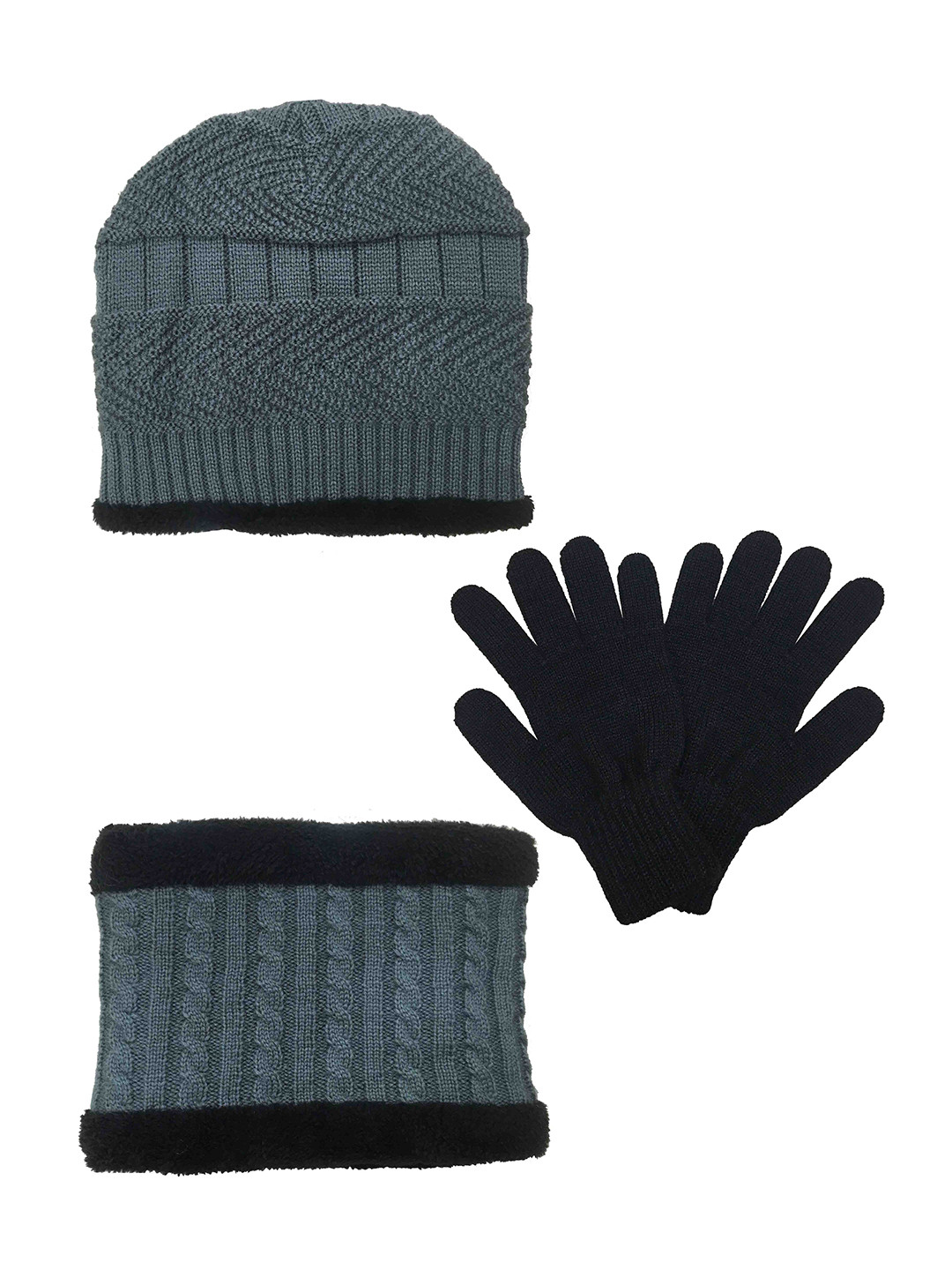 Gajraj Unisex Set Of 3 Grey & Black Beanie Neck Warmer Scarf and Woolen Gloves