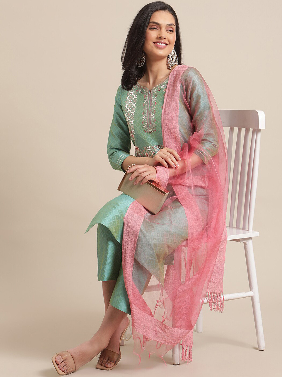 Varanga Women Sea Green Thread Embroidered Yoke Textured Kurta with Trouser
