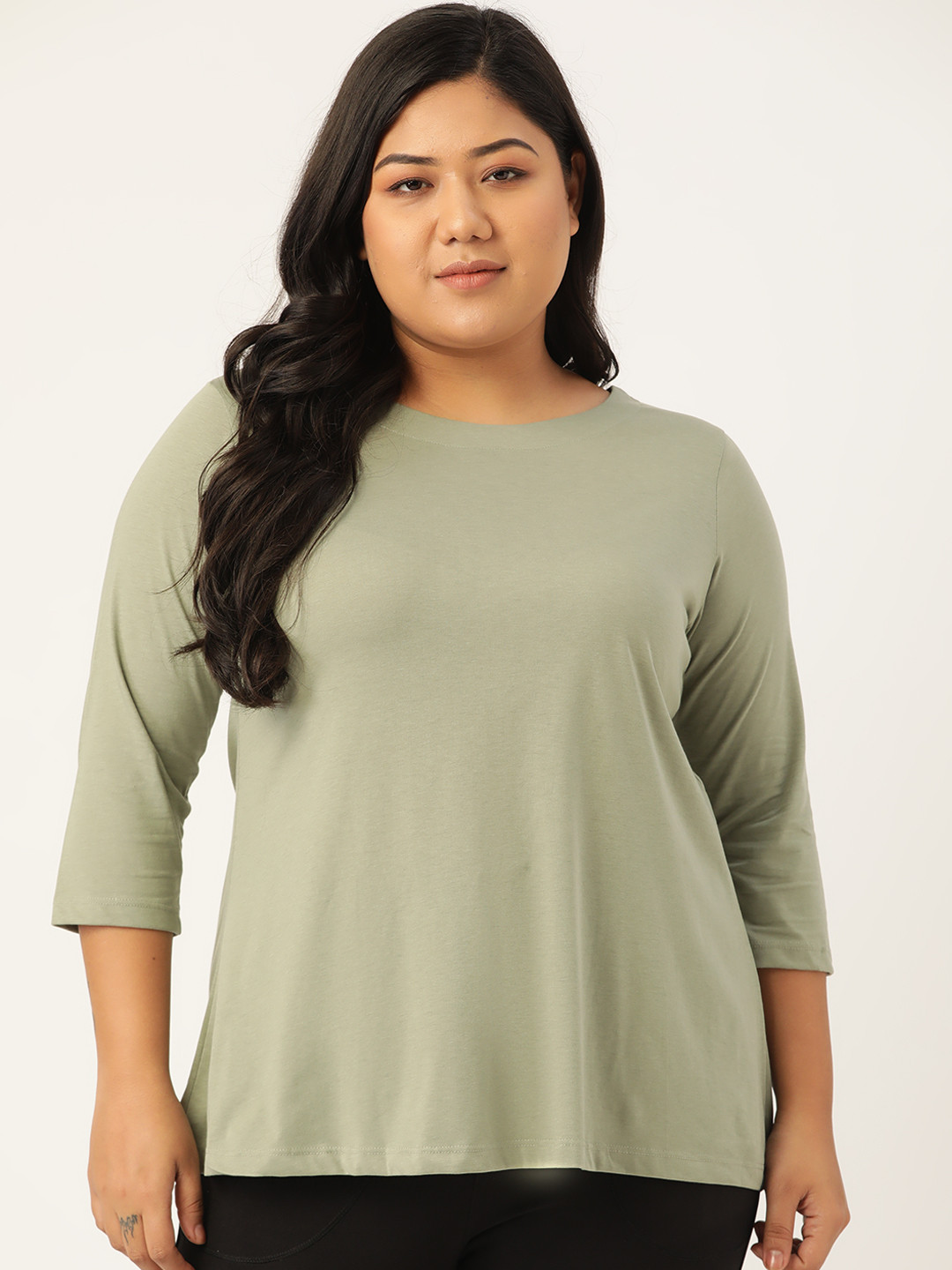 SPIRIT ANIMAL Olive Green Solid Plus Size Cutout Back Top