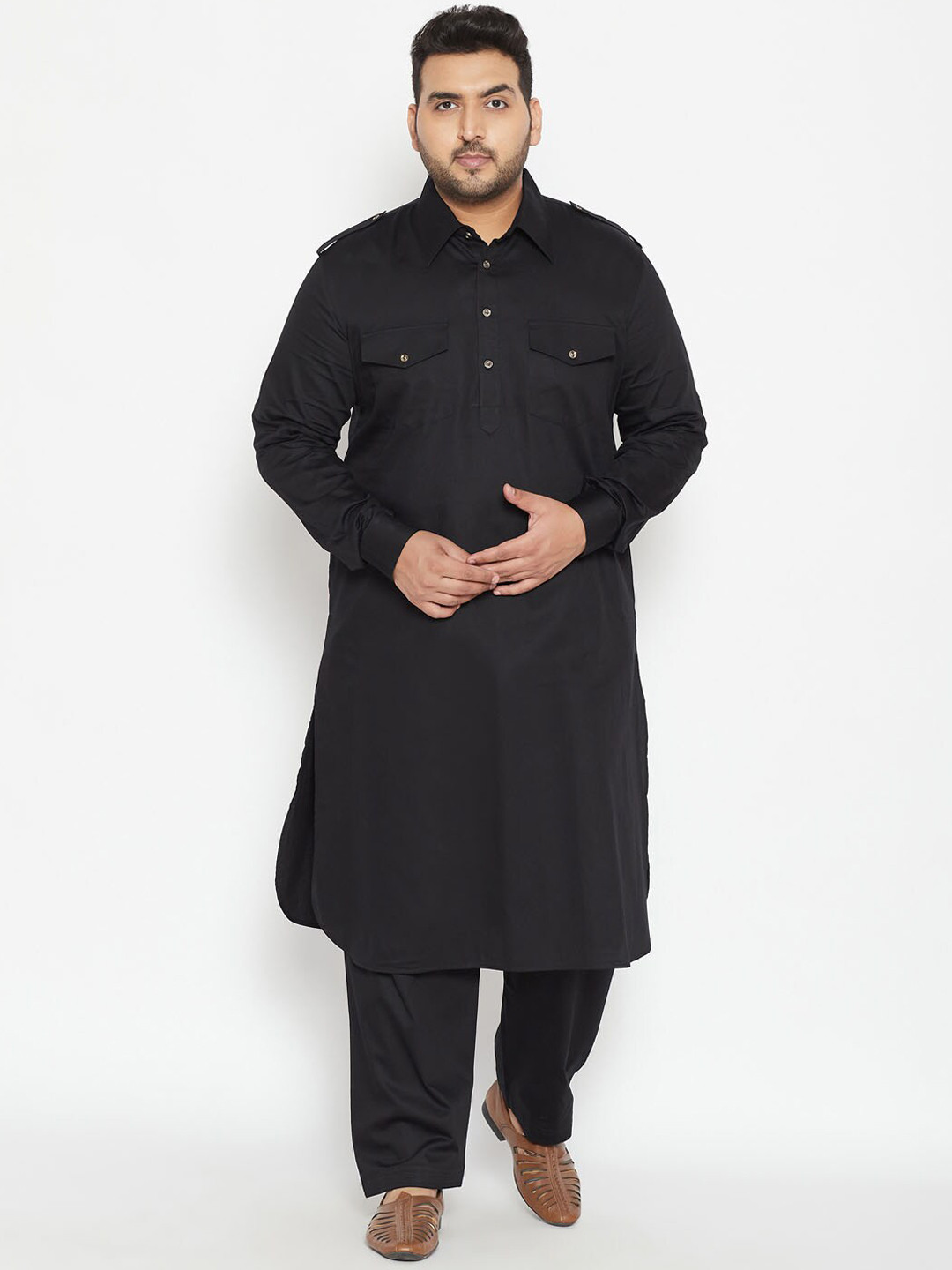 VASTRAMAY Men Plus Size Black Pathani Kurta with Salwar