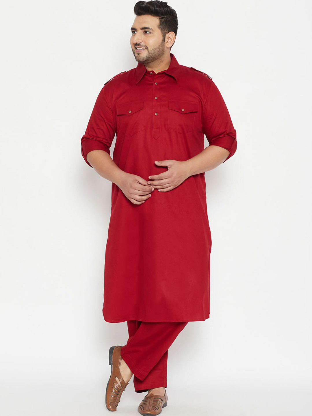 VASTRAMAY Men Plus Size Maroon Solid Pathani Regular Kurta With Pyjamas