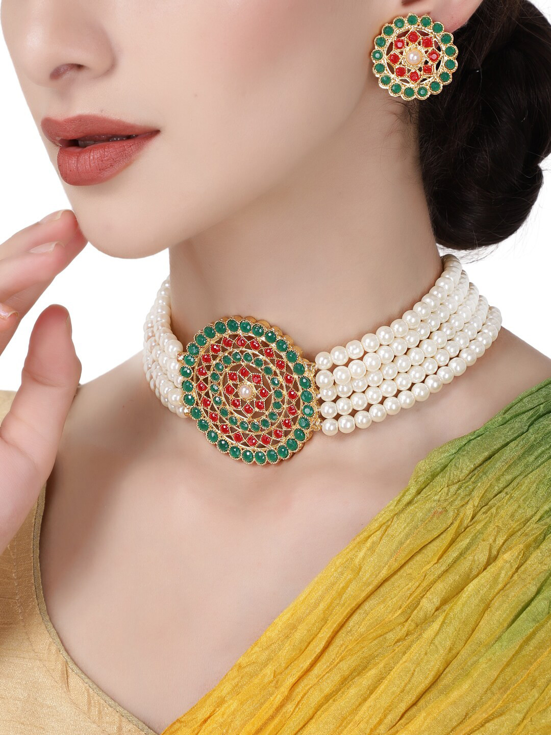 Shining Diva Gold-Plated Red & Green Stone-Studded & Beaded Antique Jewellery Set