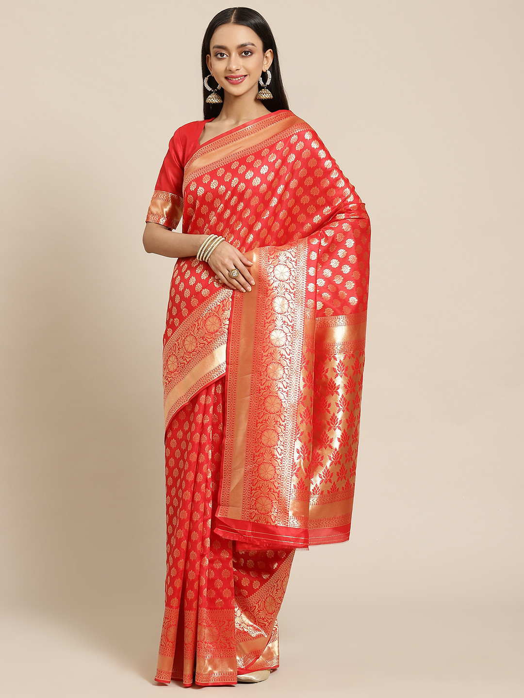 SARIYA Red & Gold-Toned Woven Design Silk Blend Banarasi Saree